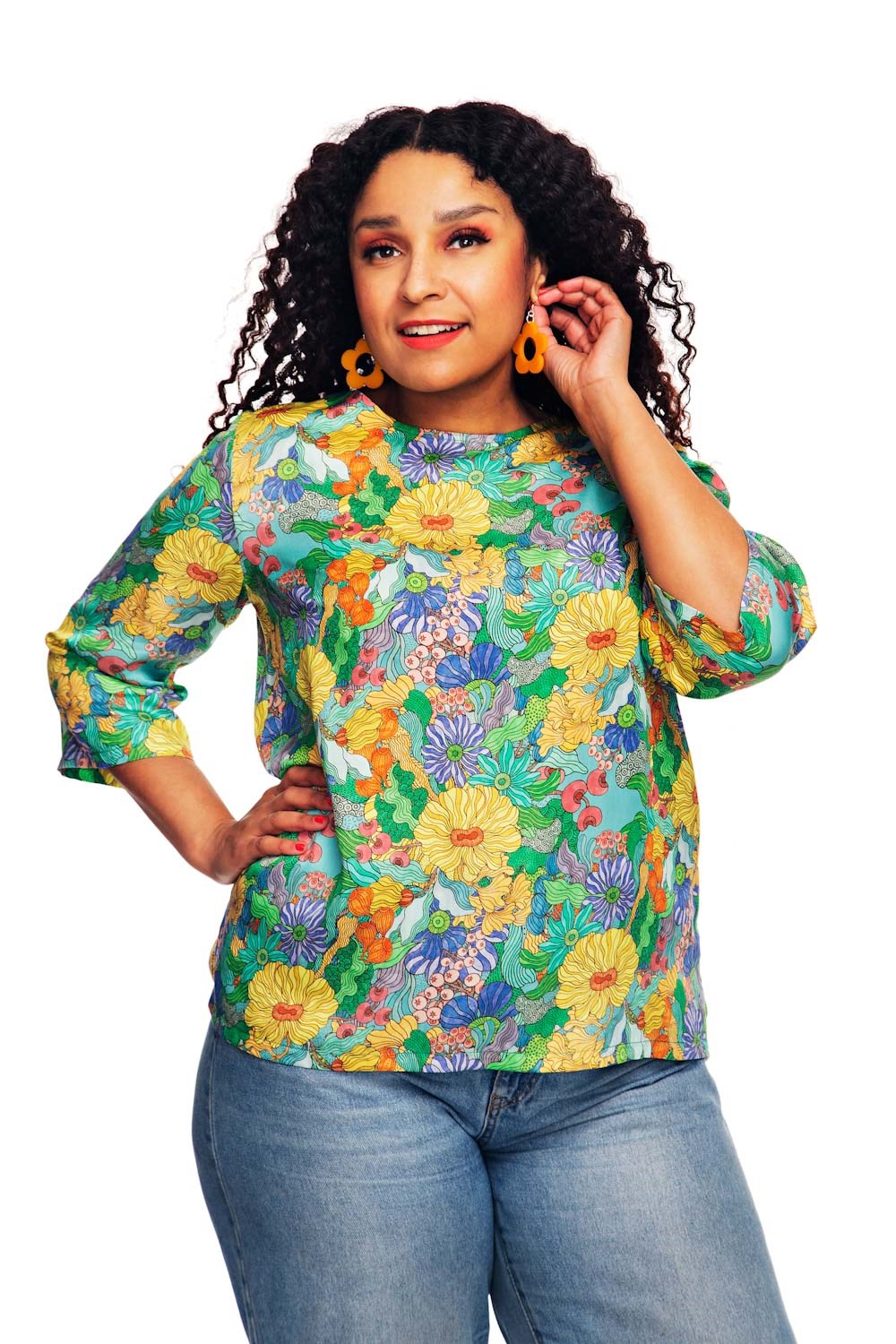 Elsie top Illusion Färgglad - Turquoise print blouse in lyocell