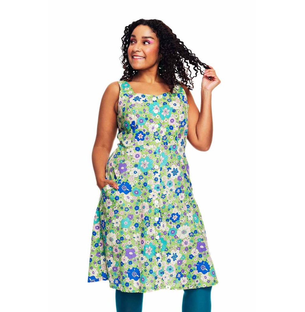 Maja klänning Kreativ Grön - blommig ärmlös sommarklänning med knappar fram