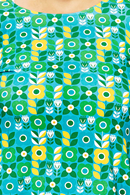 Anita tunika Ängsmark Turkos och gul blommig lång topp i ekologisk bomullstrikå