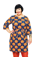 Cissi och Selma Doris dress Retroblom blåbrun - Navy blue dress with orange flowers - organic cotton jersey
