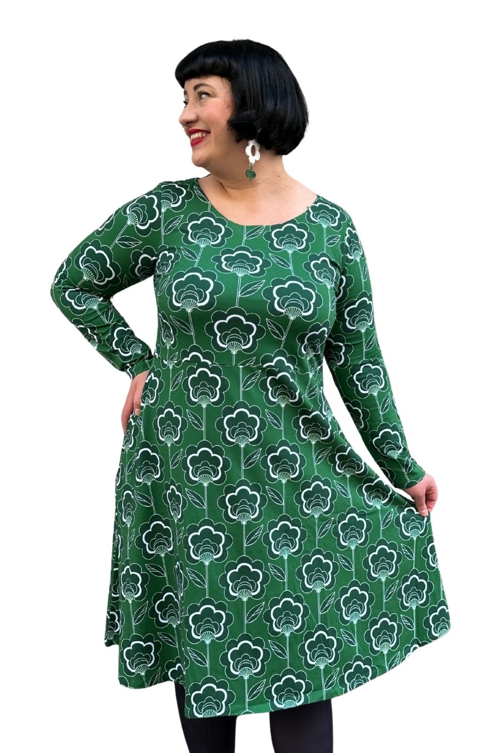 Kajsa dress Retroblom Grön - green flower print dress