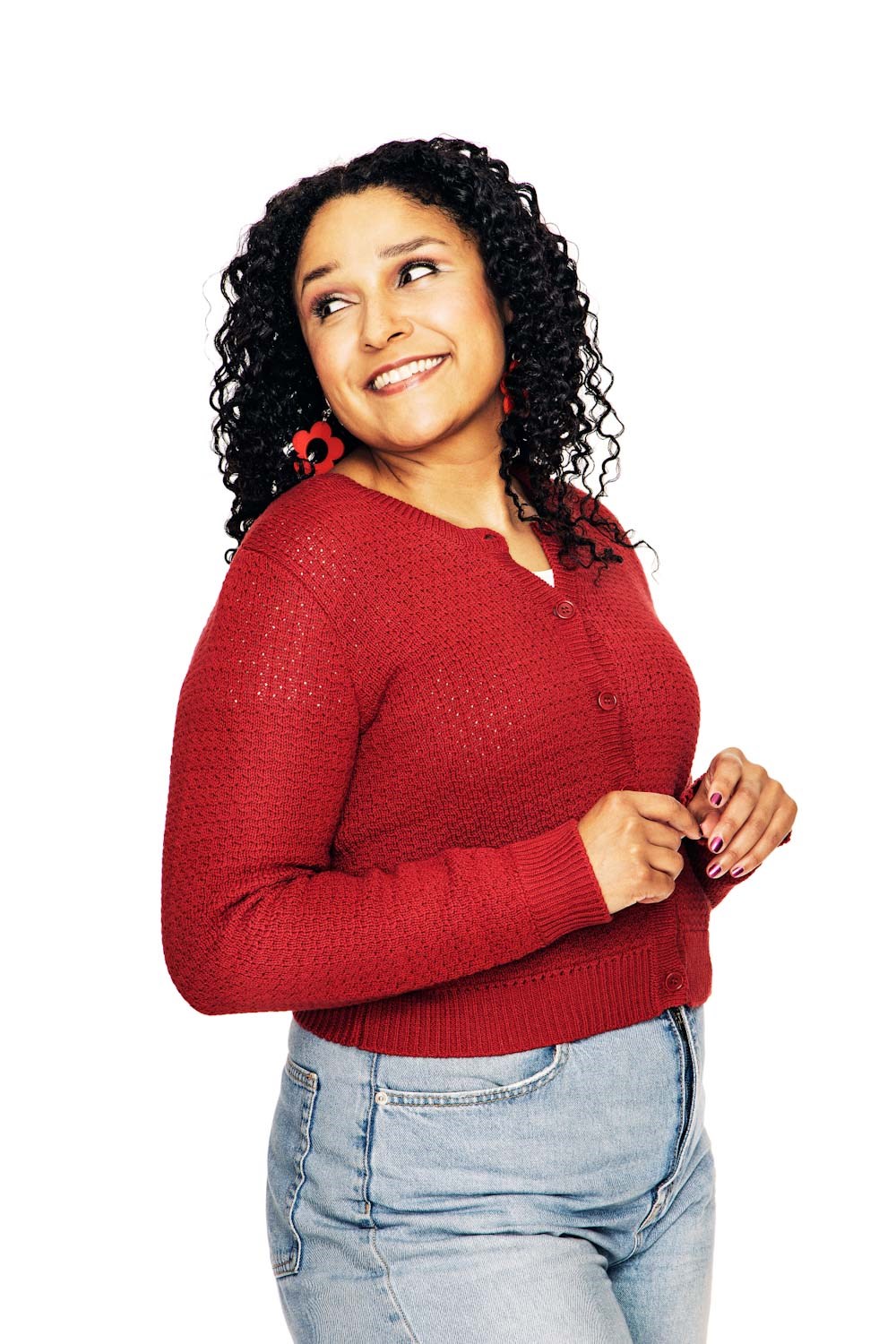 Sigrid kofta Läppstift - Hallonröd stickad kofta i ekologisk bomull