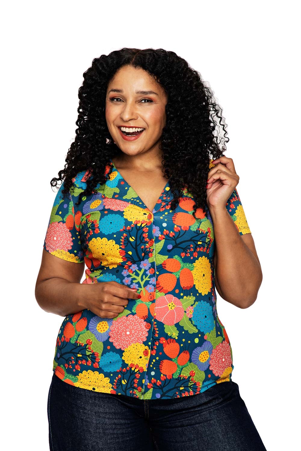 Margit blouse Trädgård rosa - Teal flower print shirt