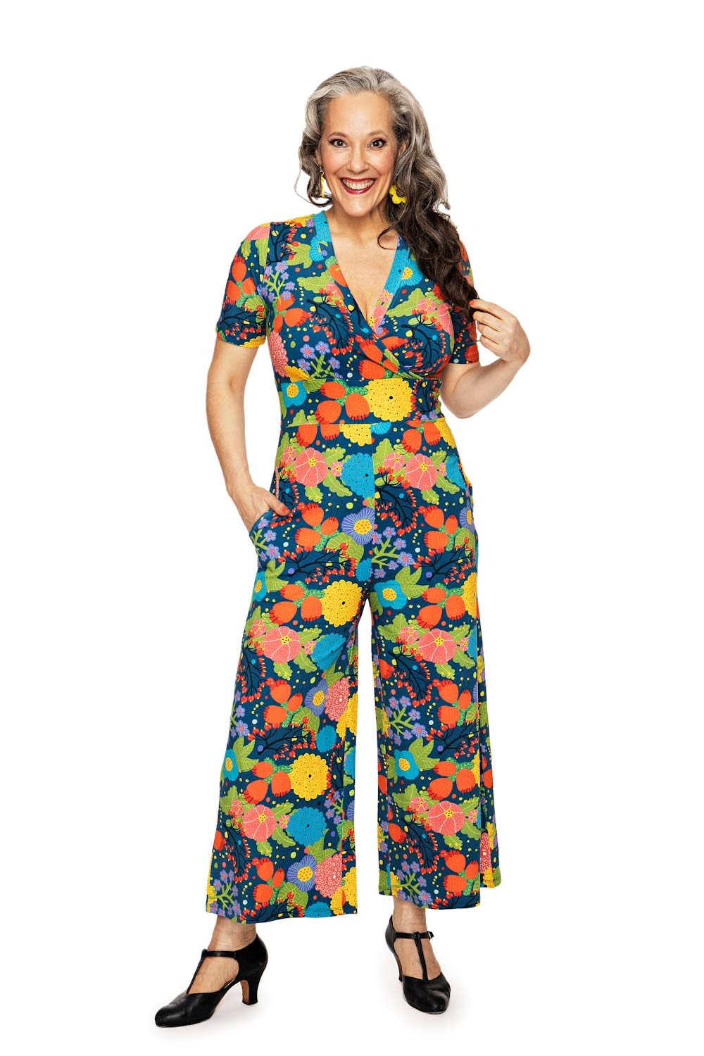 Britta byxdress Trädgård Rosa | petrol blommönstrad jumpsuit i ekologisk bomullstrikå