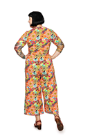 Cissi och Selma Britta byxdress Fågeltivoli Orange | mönstrad jumpsuit i ekologisk bomull