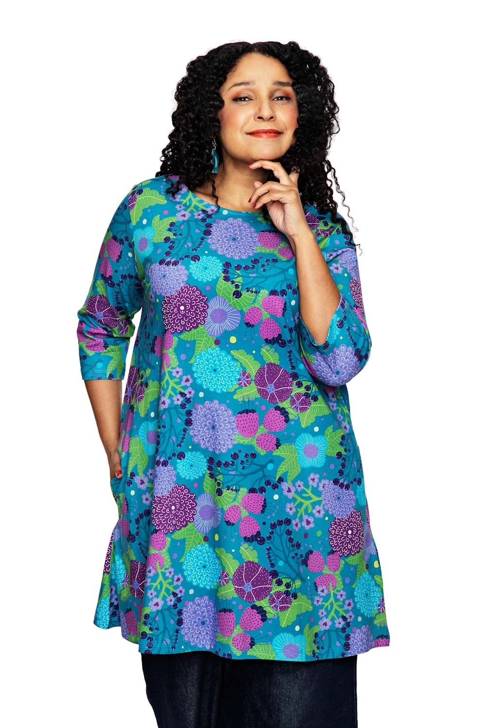Cissi och Selma Anita tunic trädgård lila | Short flower print dress in purple and teal