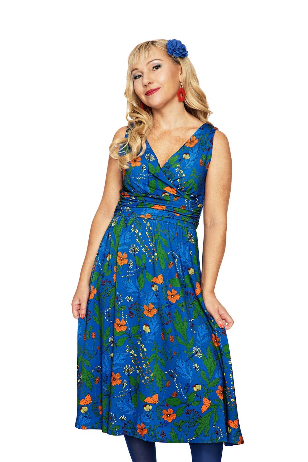 Anna midi dress Ogräs Blå - Blue flower print
