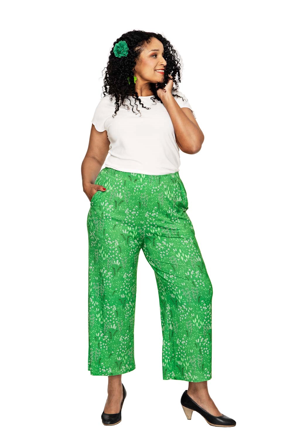 Molly byxor Ängsblom Grön mönstrade viskosbyxor