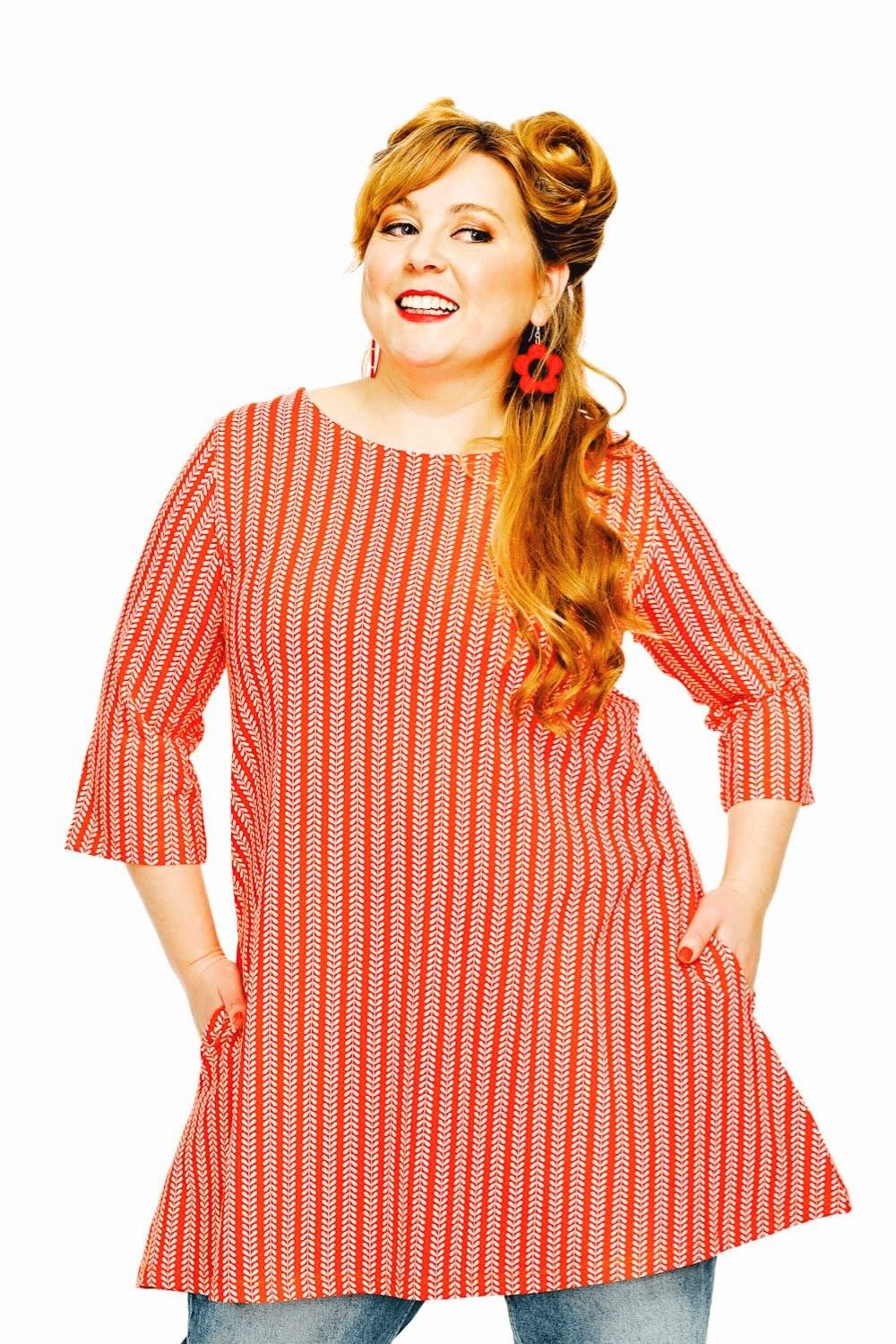 Anita tunika Ranka - tomatröd randig lång topp i ekologisk bomullstrikå