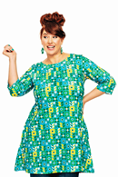 Anita tunika Ängsmark Turkos och gul blommig lång topp i ekologisk bomullstrikå