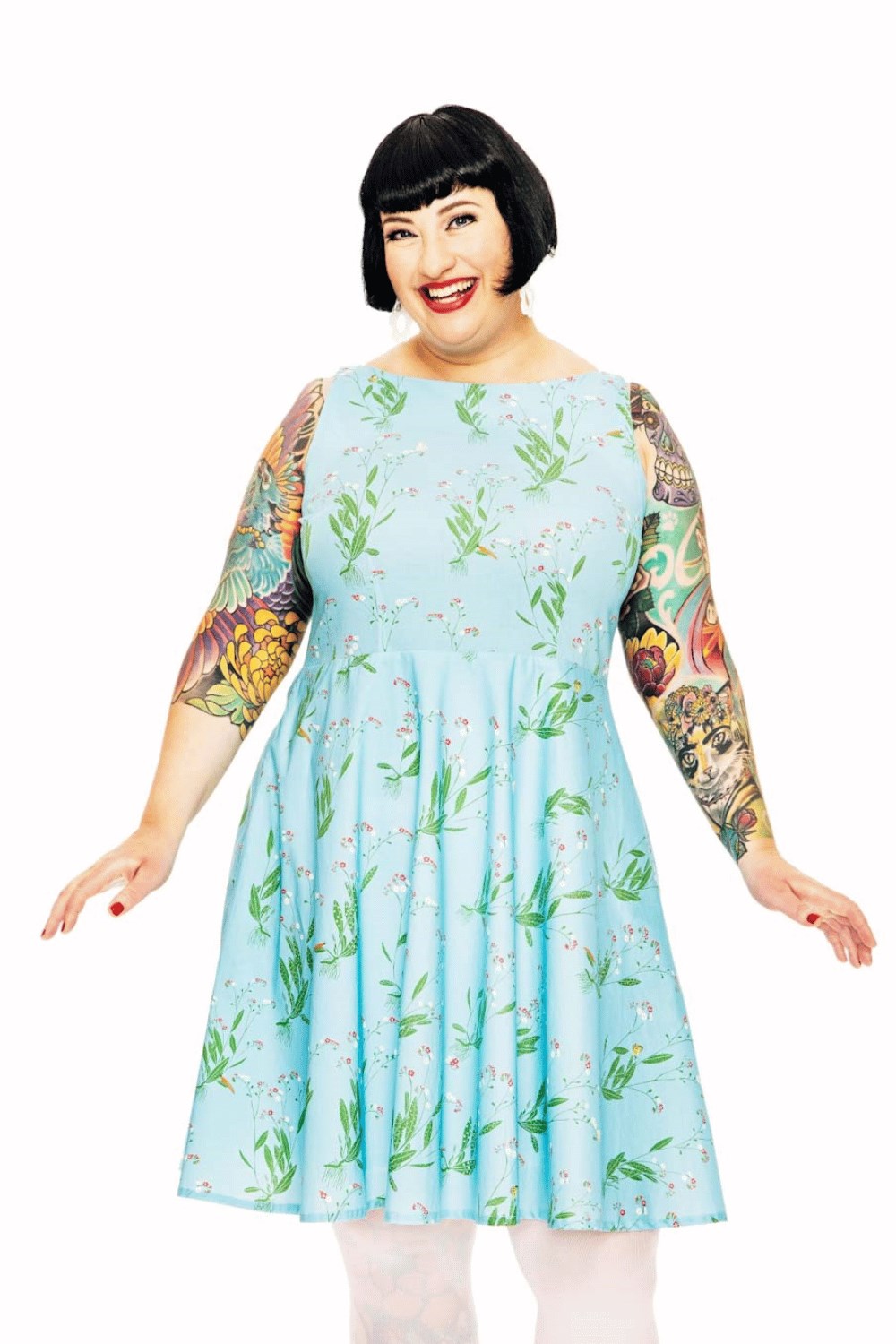 Saga dress Morgondagg - sleeveless 50s party dress in sky blue flower print