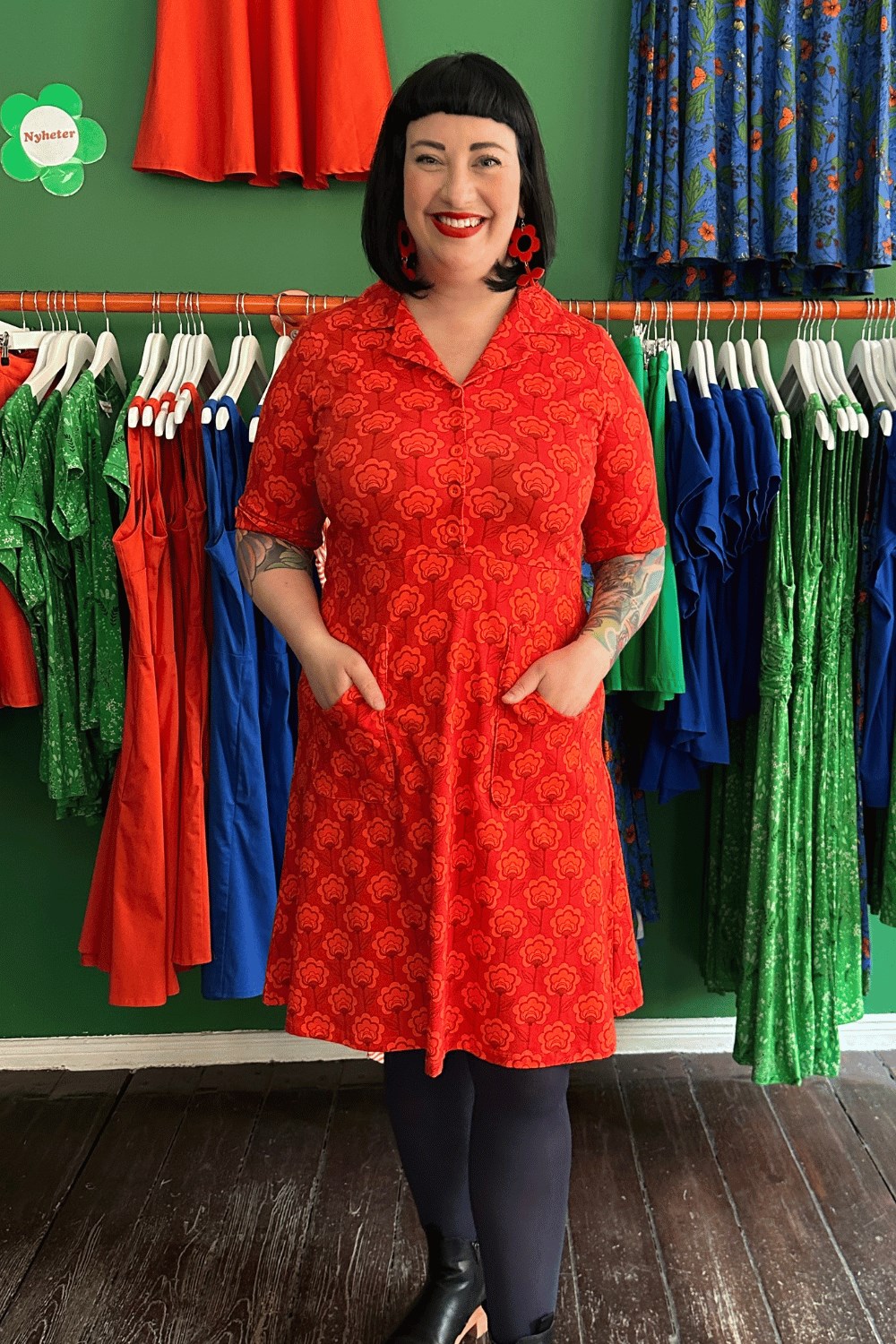 Monica dress miniblom red - flower print retro shirt dress