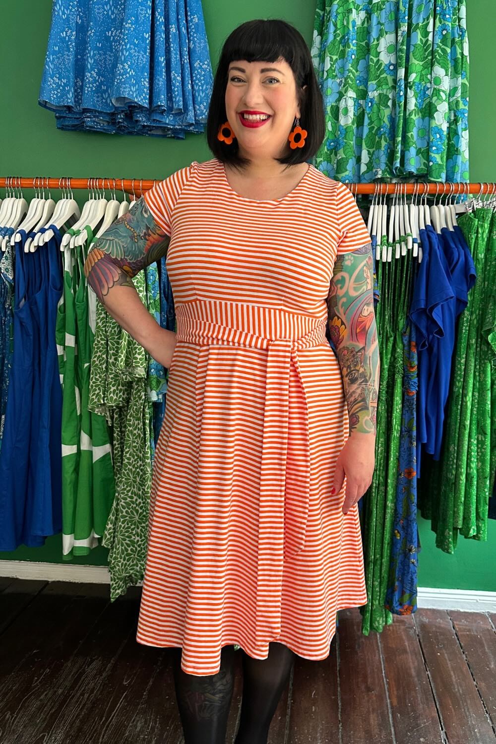 Hilda dress with orange stripes - Women's casual summer dress in cotton