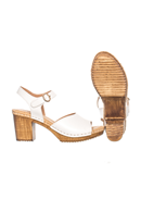 Amelia Vanilla. White heeled clog, open toe sandal with ankle strap