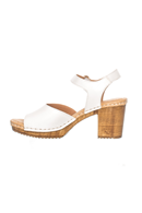 Amelia Vanilla. White heeled clog, open toe sandal with ankle strap