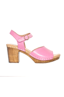 Amelia Pink clog. Rosa träsko med klack i skinn, öppen tå och ankel-rem