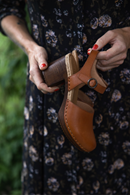 Amelia Cognac beige heeled clog with closed toe and ankle strap