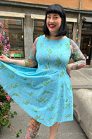 Saga dress Morgondagg - sleeveless 50s party dress in sky blue flower print