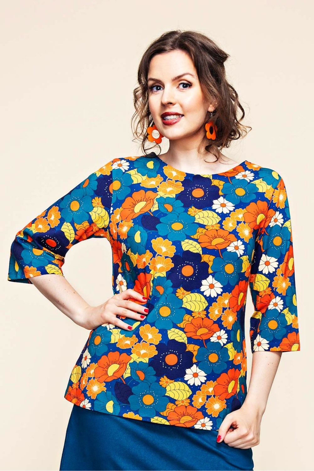 Cissi och Selma Vendela topp 1970 blåorange - blue orange organic cotton jersey a-line top