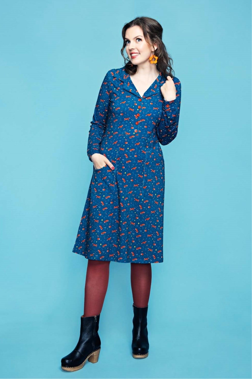 Cissi och Selma Viveca dress rävar - Fox print shirt dress in blue and orange