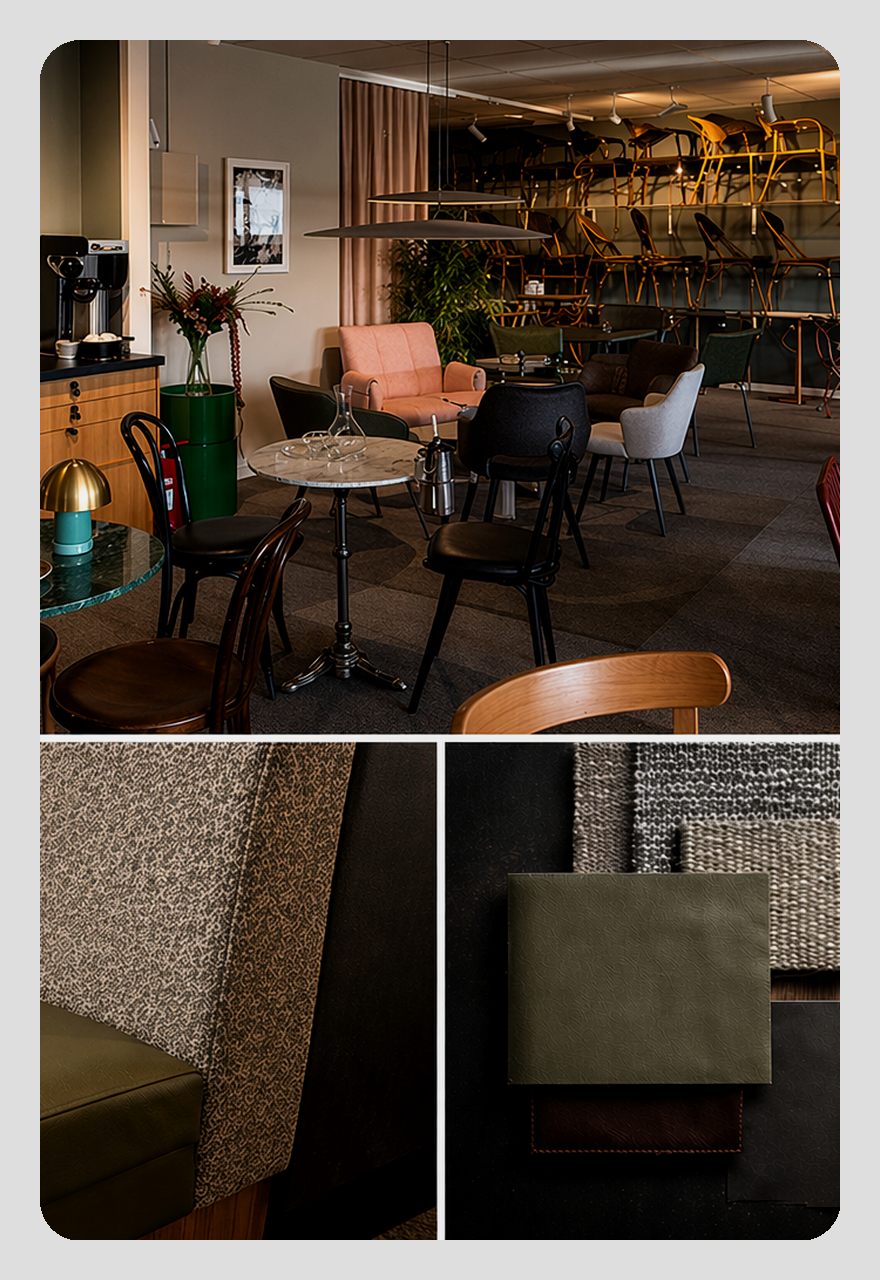 Showroom, möbler till restaurang och hotell, specialsoffa och materialdetaljer