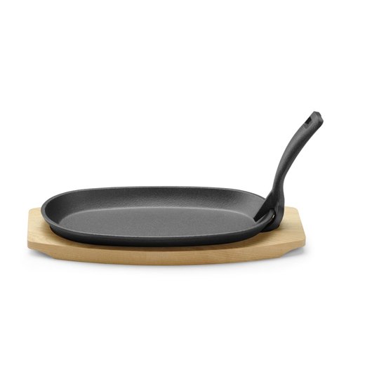 Stekpanna, gjutjärn, träunderlägg