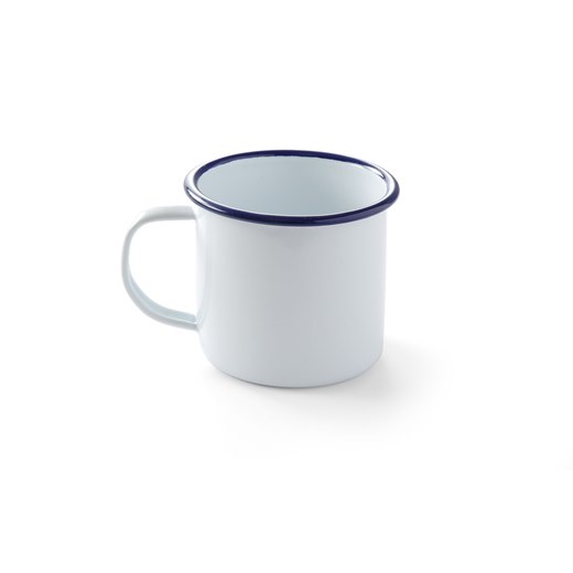 Mugg, med handtag, emaljerad, vit med blå kant
