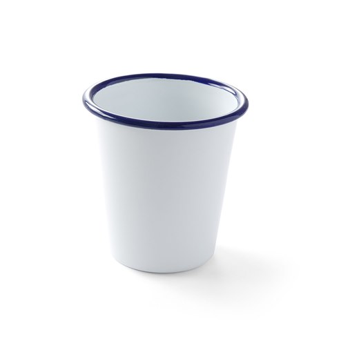 Mugg, emaljerad, vit med blå kant