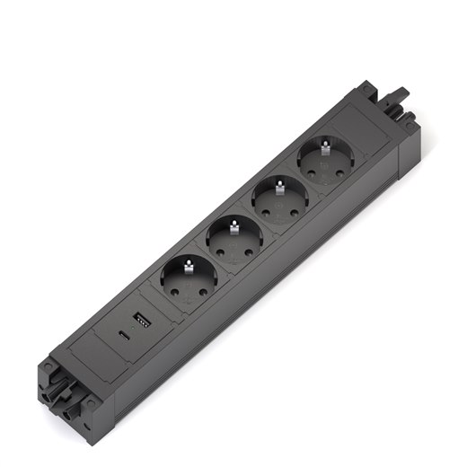Uttagsmodul Axessline Outlet Connect, typ F, 4 eluttag, 1 USB-C, 1 USB-A laddare, svart