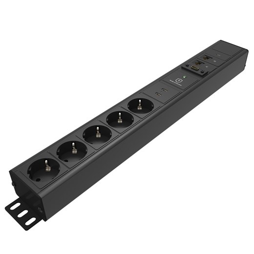 Uttagslist Axessline Outlet Strip, typ F, 5 eluttag, 2 USB-C laddare, max 30W, 1 USB-C port, 1 HDMI, 2 data, svart