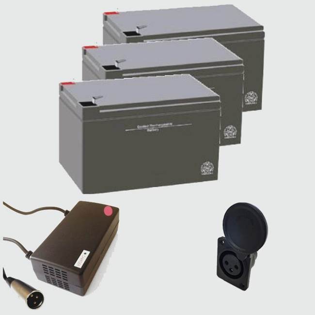 Pakkepris - 3 stk. 12V12Ah batterier, oplader, og oplader-indgang