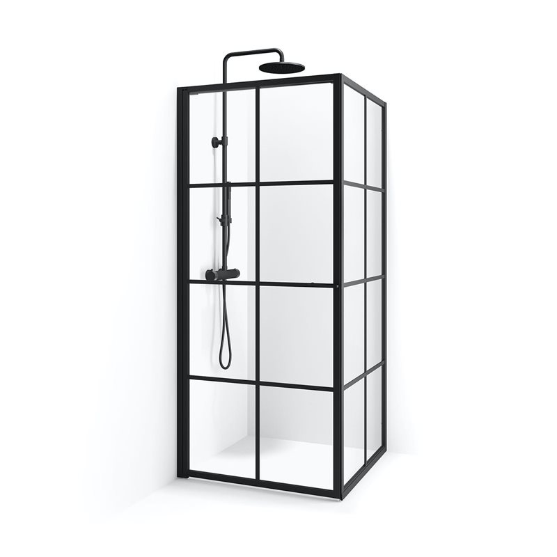 Brusehjørne Macro Design Empire Swing 100x80 Sprosse Sort Klart Glas