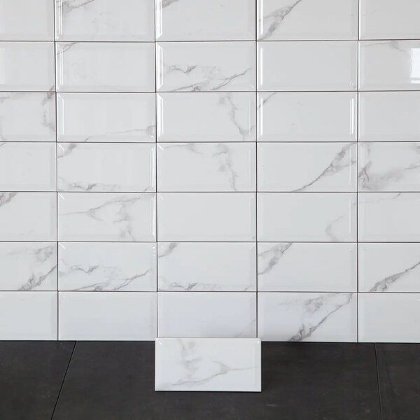 Vægflise Arredo Metro Biselado Carrara Facetkant Hvid Blank 10x20 cm