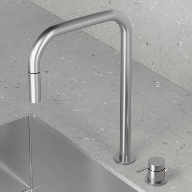 Køkkenarmatur Scandtap Steel Harmonized K2P Square med udtrækstud
