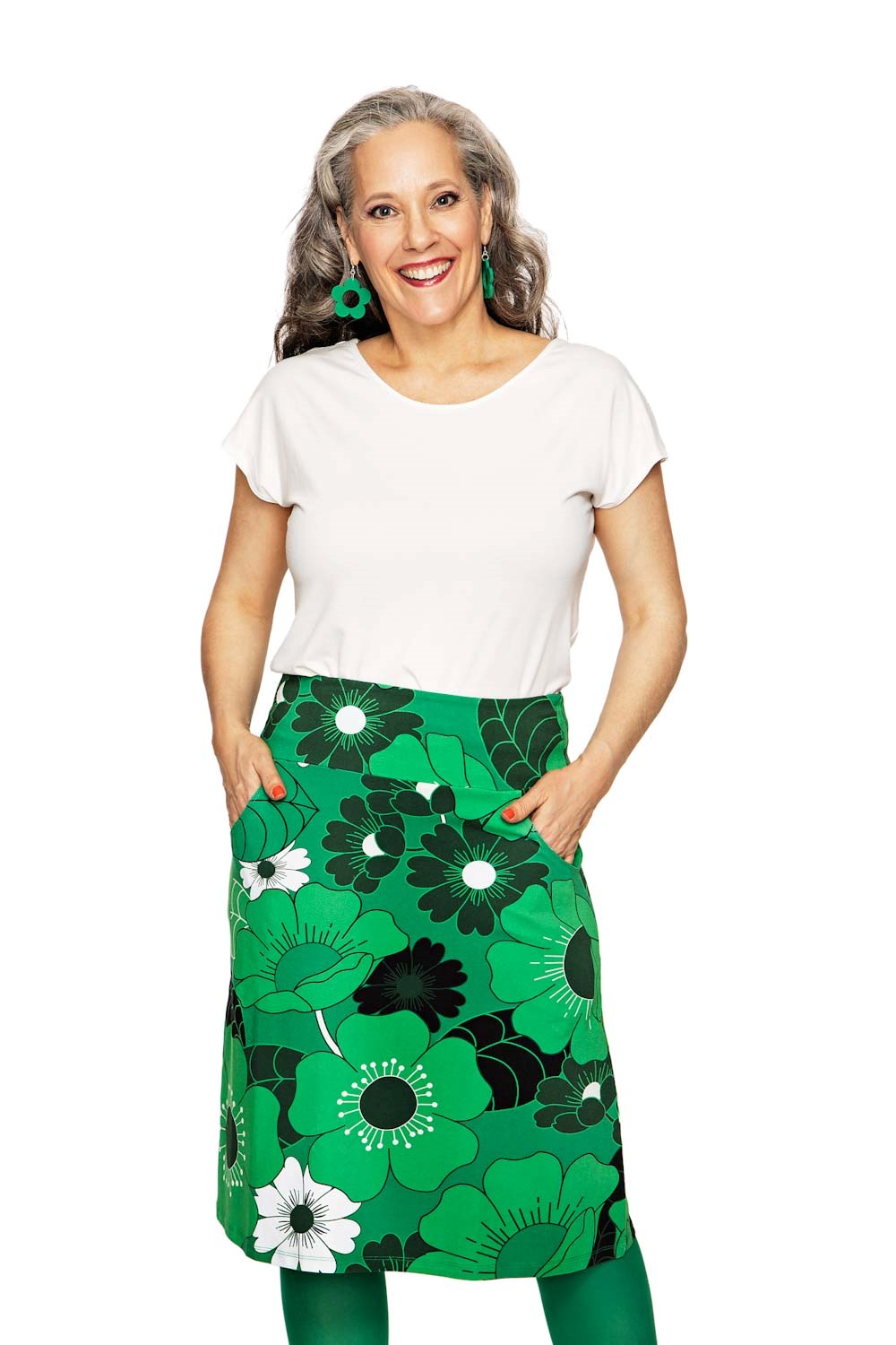 Majken skirt 1960 grön - Green floral print skirt in organic cotton jersey