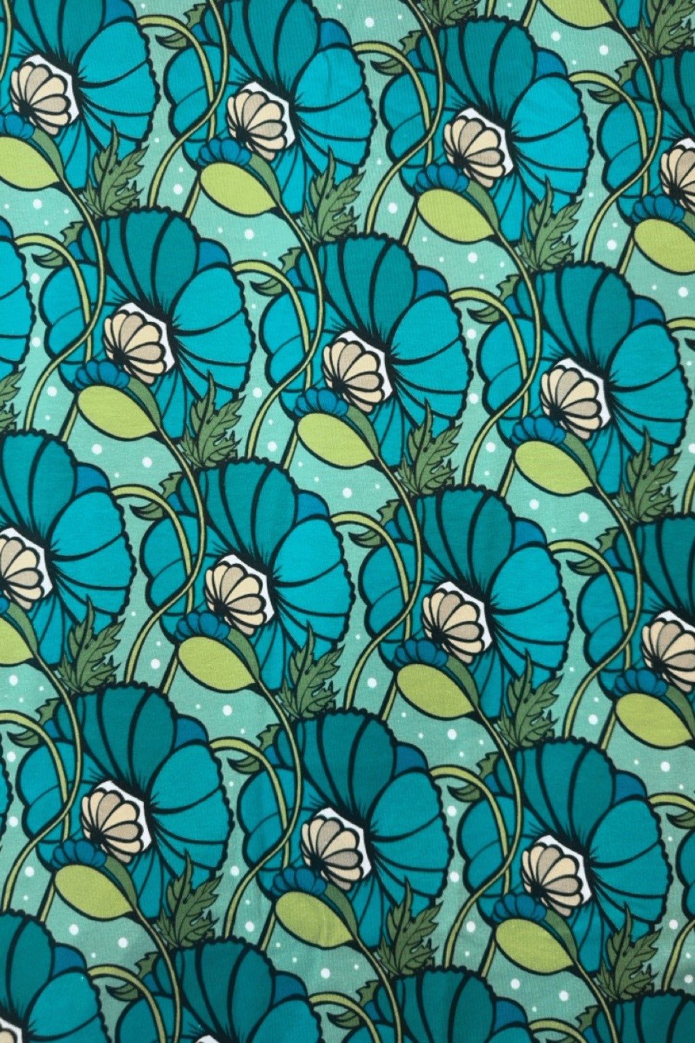 Organic jersey fabric Kronblad turkos - Teal flower print