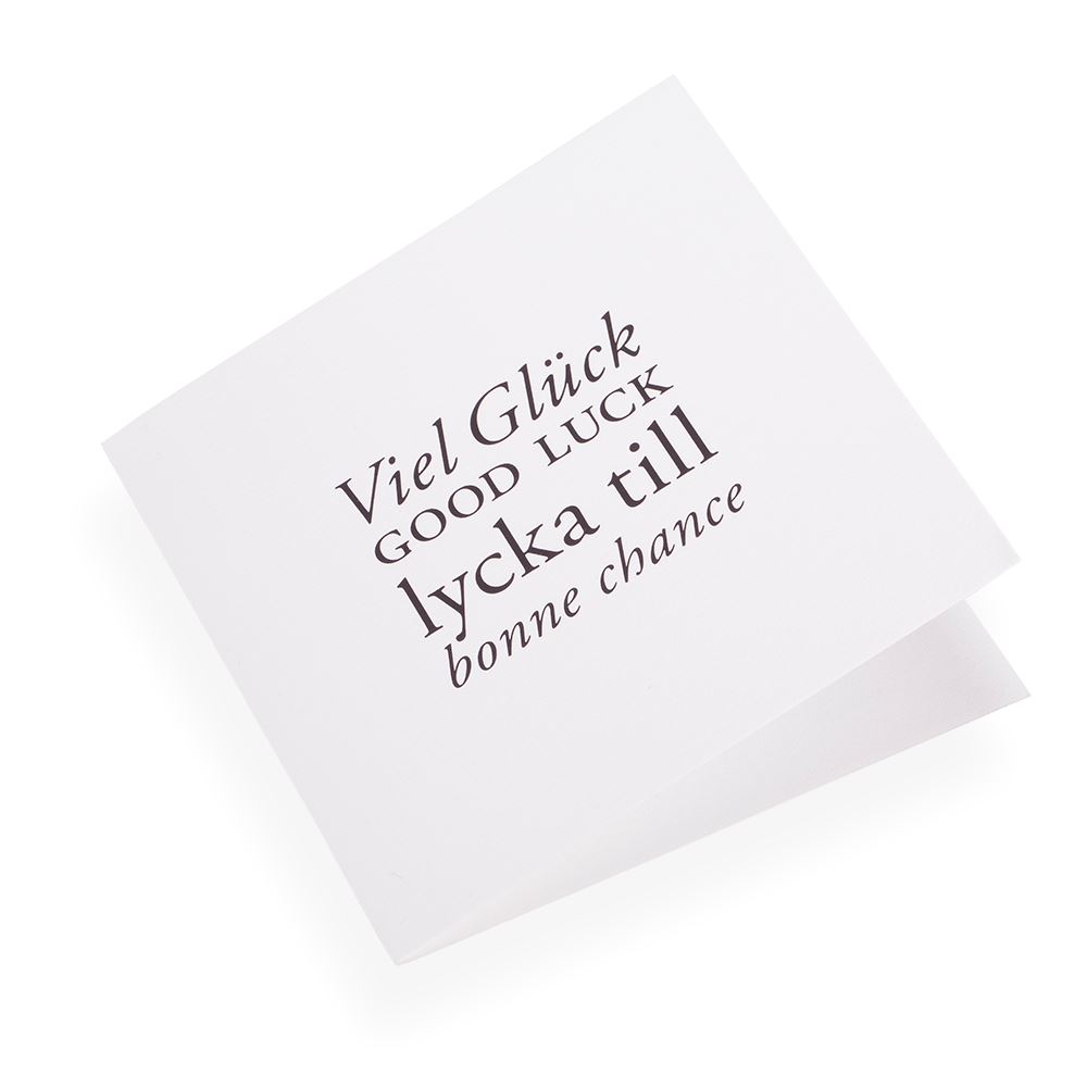 Carte double, papier coton, "Viel gluck, Good luck..." noir
