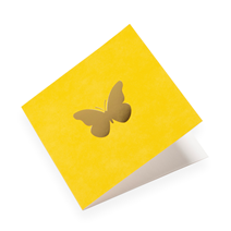 Carte double, papier coton, "Jaune soleil et papillons" doré