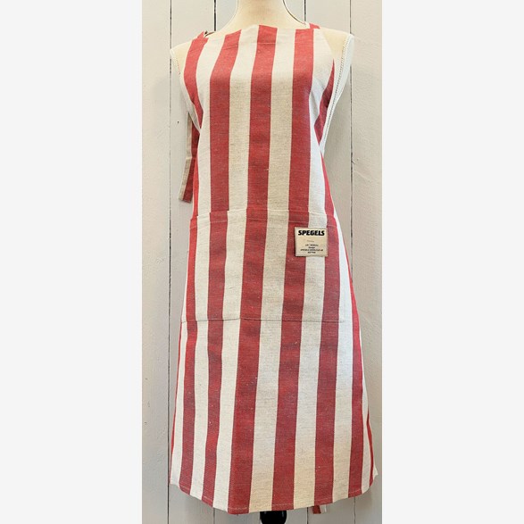 APRON W.POCKETS STRIPE BEIGE/RED