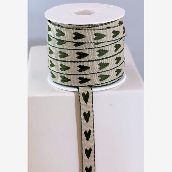 RIBBON 12MM HEARTS GREEN/NAT