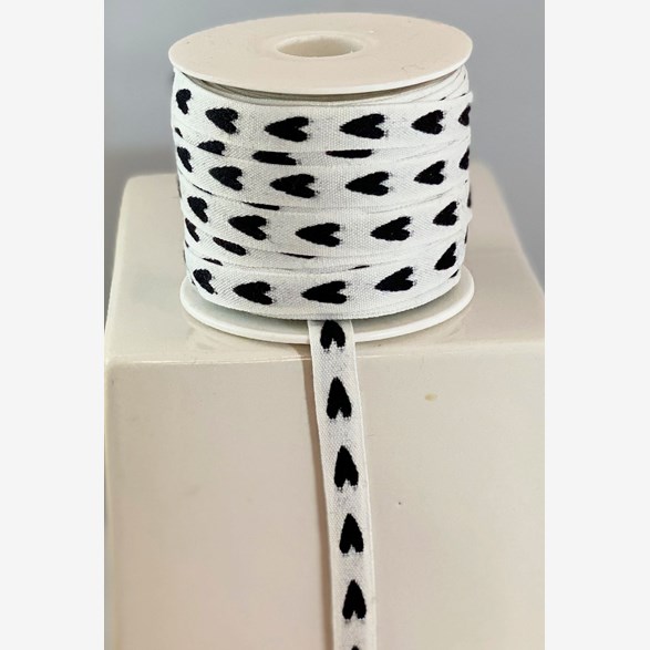 RIBBON 12MM WHITE/BLACK HEART