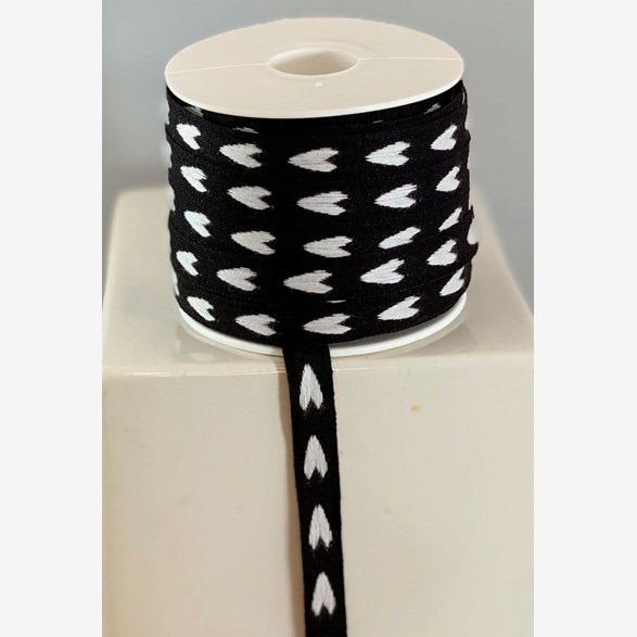 RIBBON 12MM BLACK/WHITE HEART
