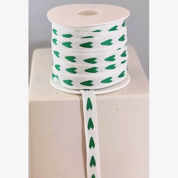 RIBBON 12MM L.GREEN HEART/WHITE