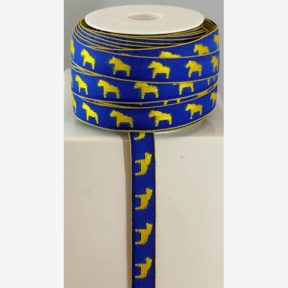 RIBBON 14MM YELLOW HORSE/BLUE
