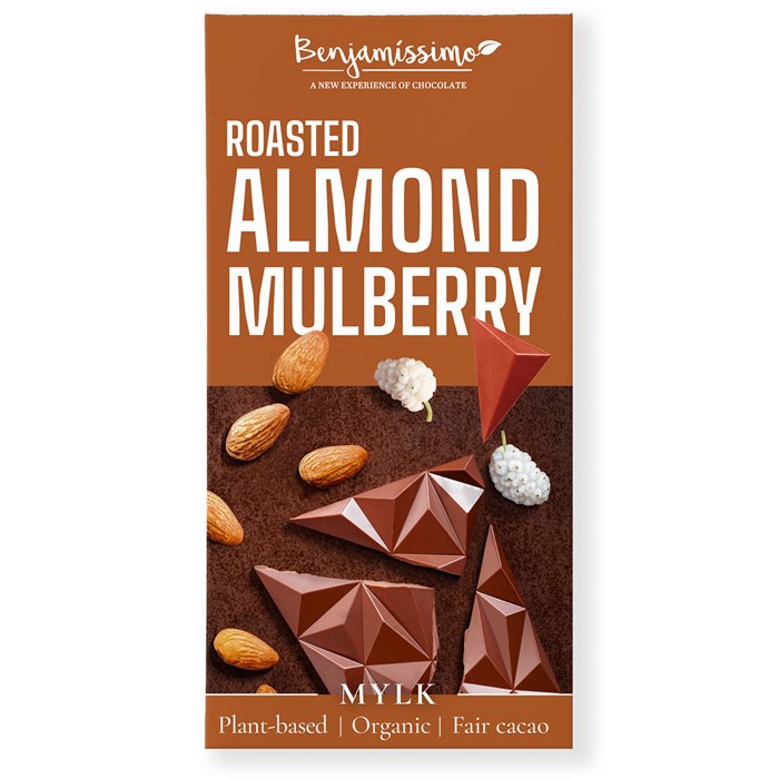 Benjamissimo Mylkchoklad med Rostad Mandel & Mullbär, 60 g