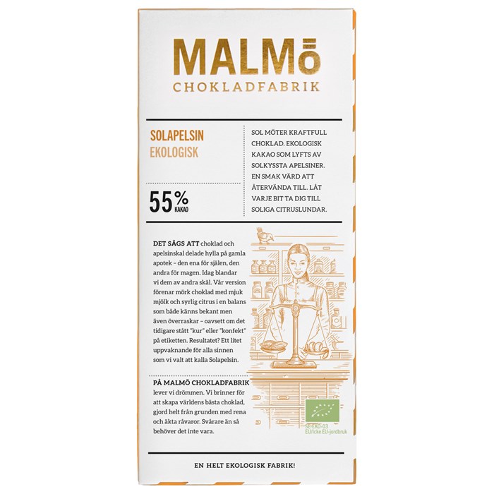 Malmö Chokladfabrik Tegel Mörk Mjölkchoklad Solapelsin 55%, 80 g