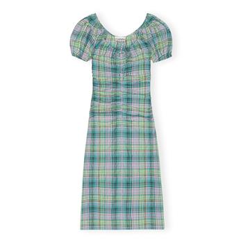 GANNI Seersucker Check Gathered U-Neck Midi Dress