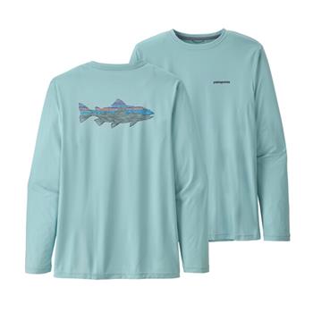 Patagonia Fishing Patagonia M's L/S Cap Cool Daily Fish Graphic Shirt Woodgrain Fitz Roy Trout Fin Blue