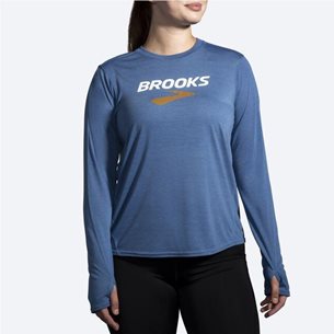 Brooks Distance Graphic Long Sleeve Heather Blue Ash/Brooks Logo - Pullover Damen