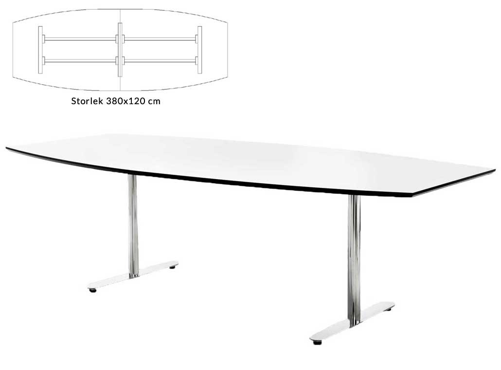 Stand by 380 x 120 cm Vit bordsskiva med svart ABS kantlist Kromat stativ